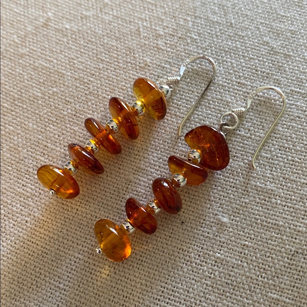 Amber Beaded Earrings Set in 925 Sterling Silver